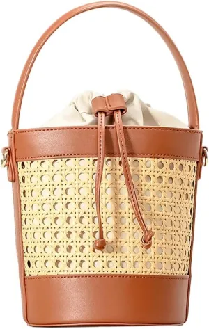 Rattan Straw Tote Bucket Bag for Women - PU Leather Summer Beach Holiday Purse
