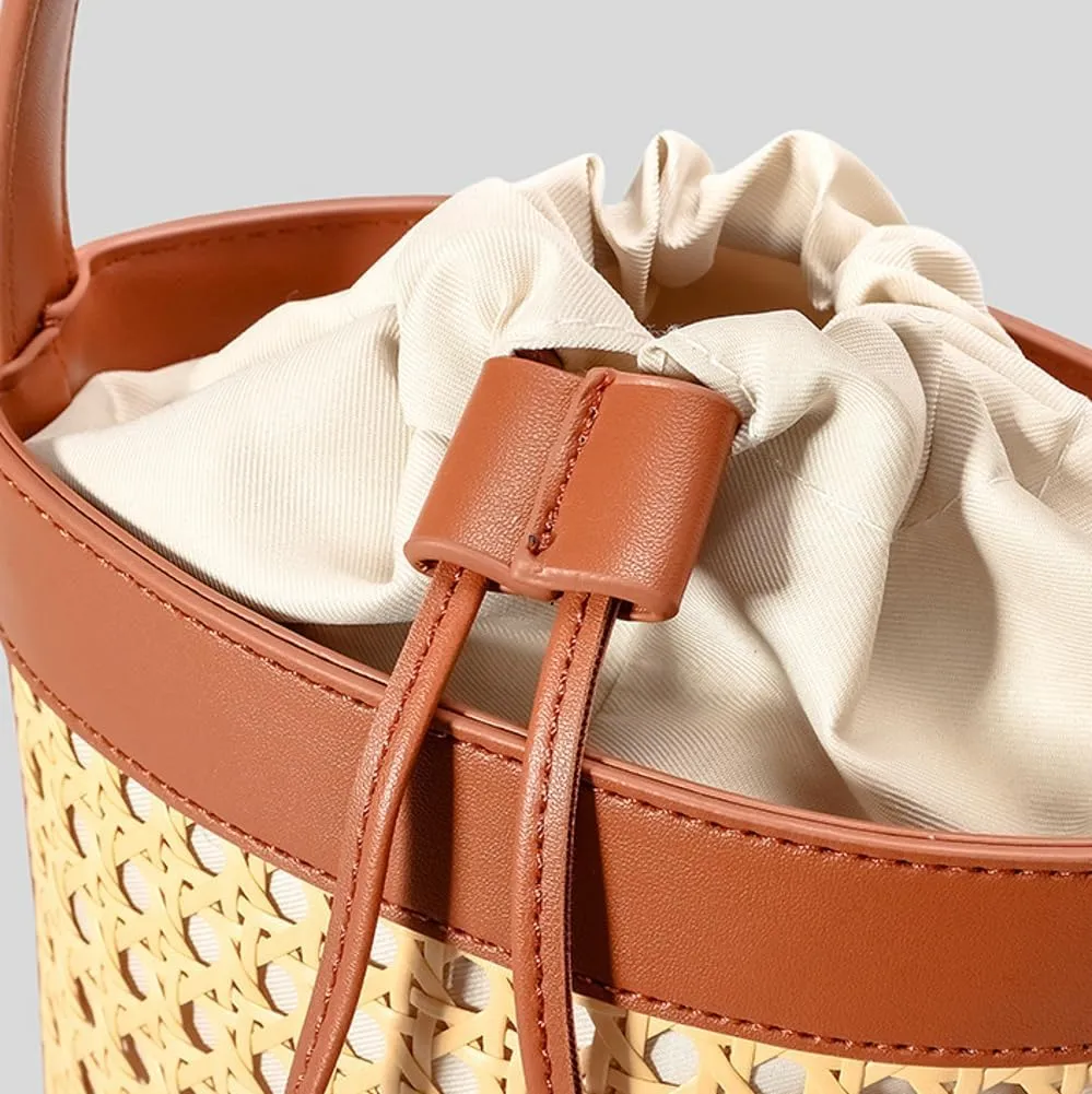 Rattan Straw Tote Bucket Bag for Women - PU Leather Summer Beach Holiday Purse