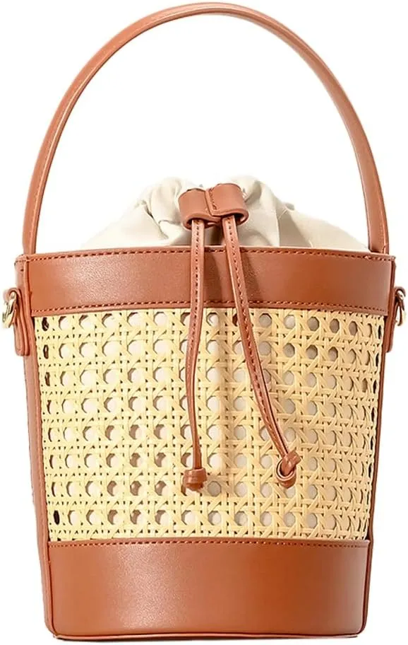 Rattan Straw Tote Bucket Bag for Women - PU Leather Summer Beach Holiday Purse