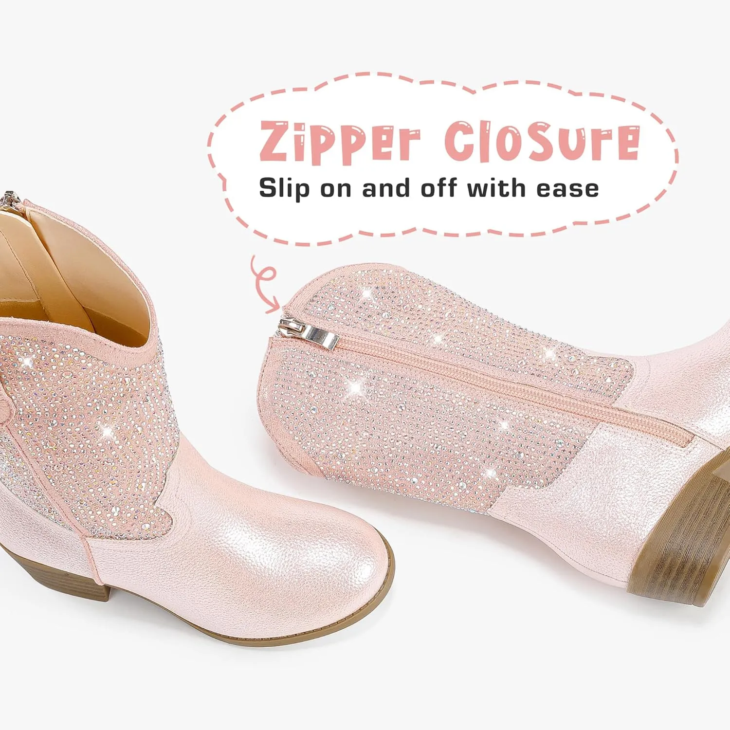 Rhinestone Sparkly Girls Cowgirl Cowboy Boots Little Kids Dress Boot Pointed Toes Low Heel Mid Calf Zipper Party Birthday Toddler to Big Kid