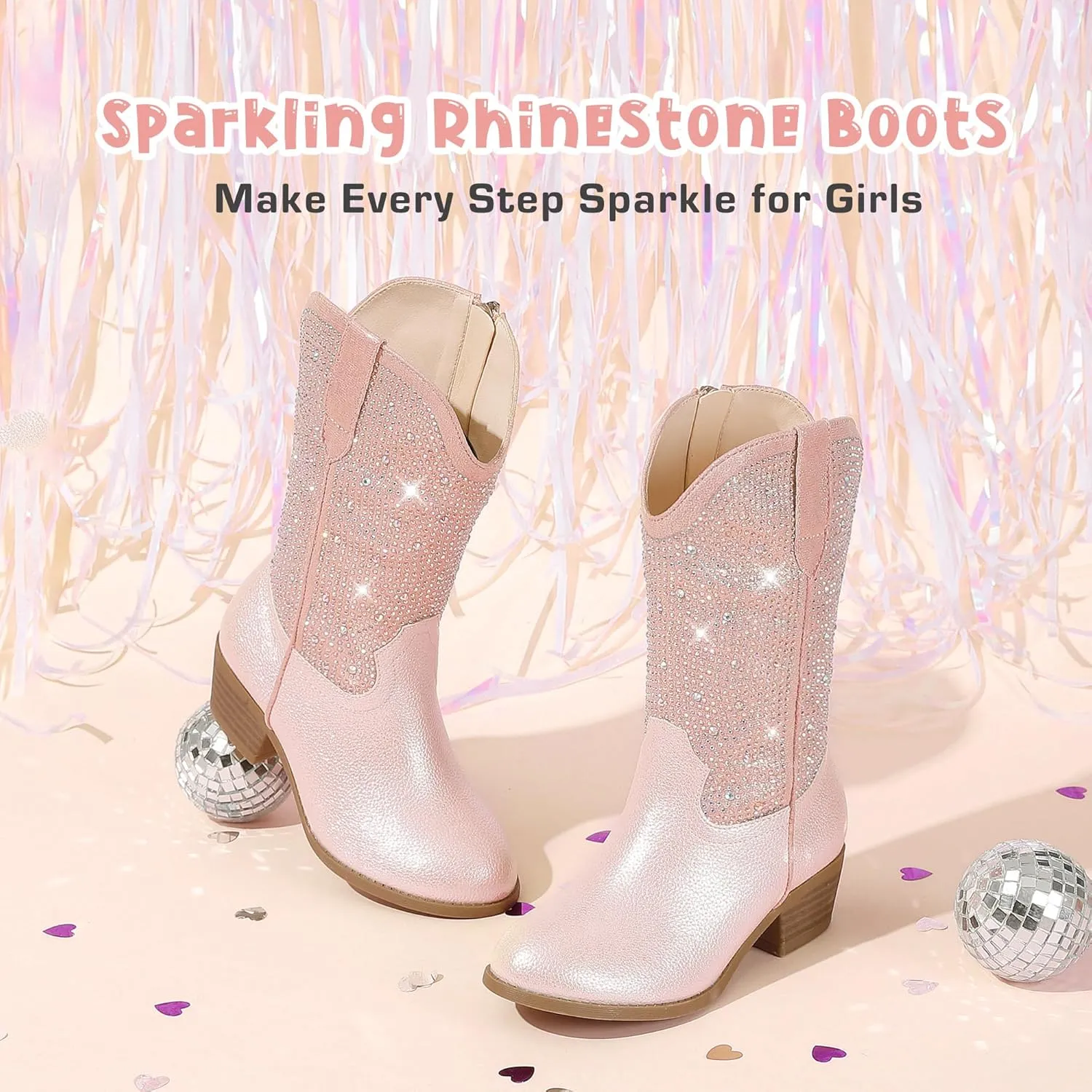 Rhinestone Sparkly Girls Cowgirl Cowboy Boots Little Kids Dress Boot Pointed Toes Low Heel Mid Calf Zipper Party Birthday Toddler to Big Kid