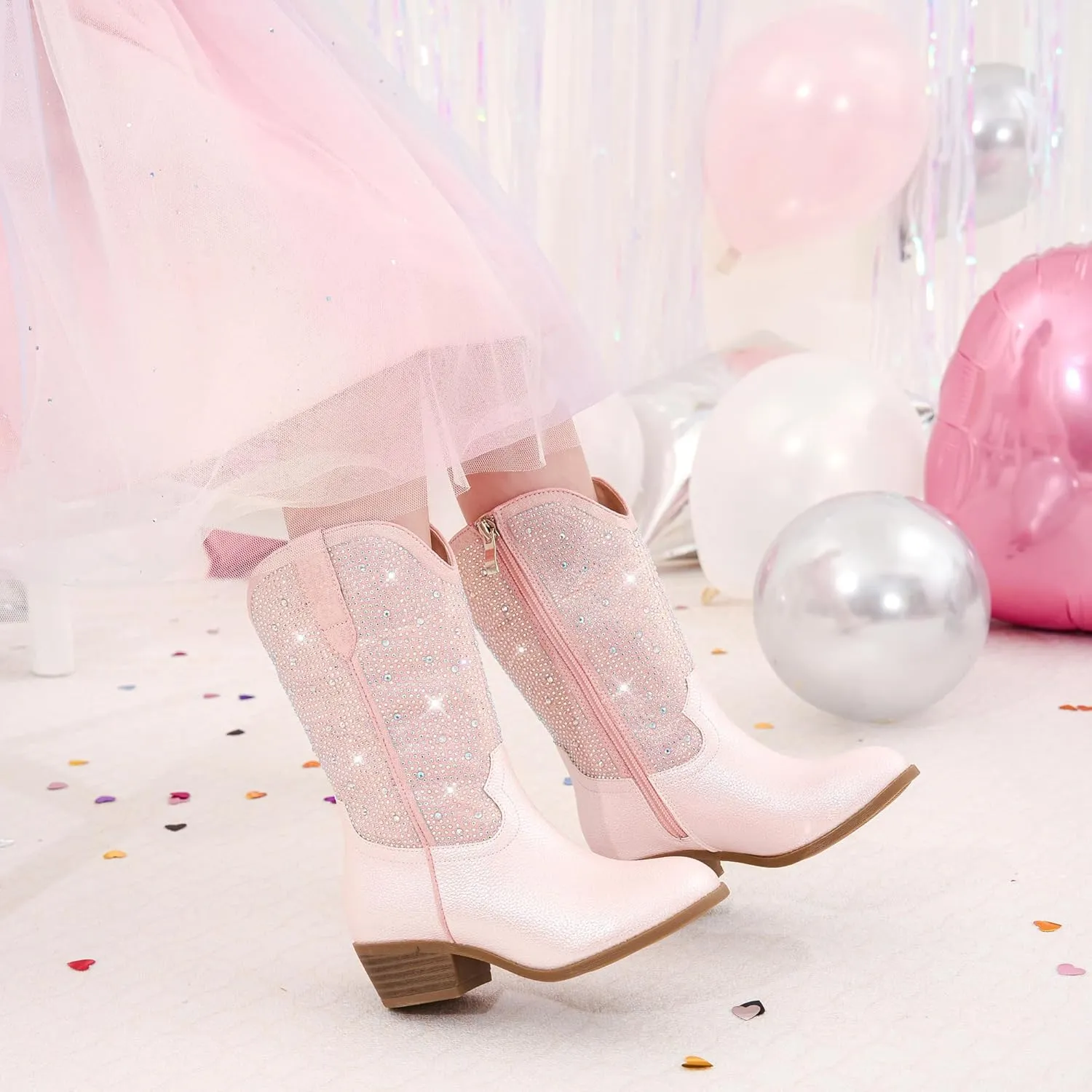 Rhinestone Sparkly Girls Cowgirl Cowboy Boots Little Kids Dress Boot Pointed Toes Low Heel Mid Calf Zipper Party Birthday Toddler to Big Kid