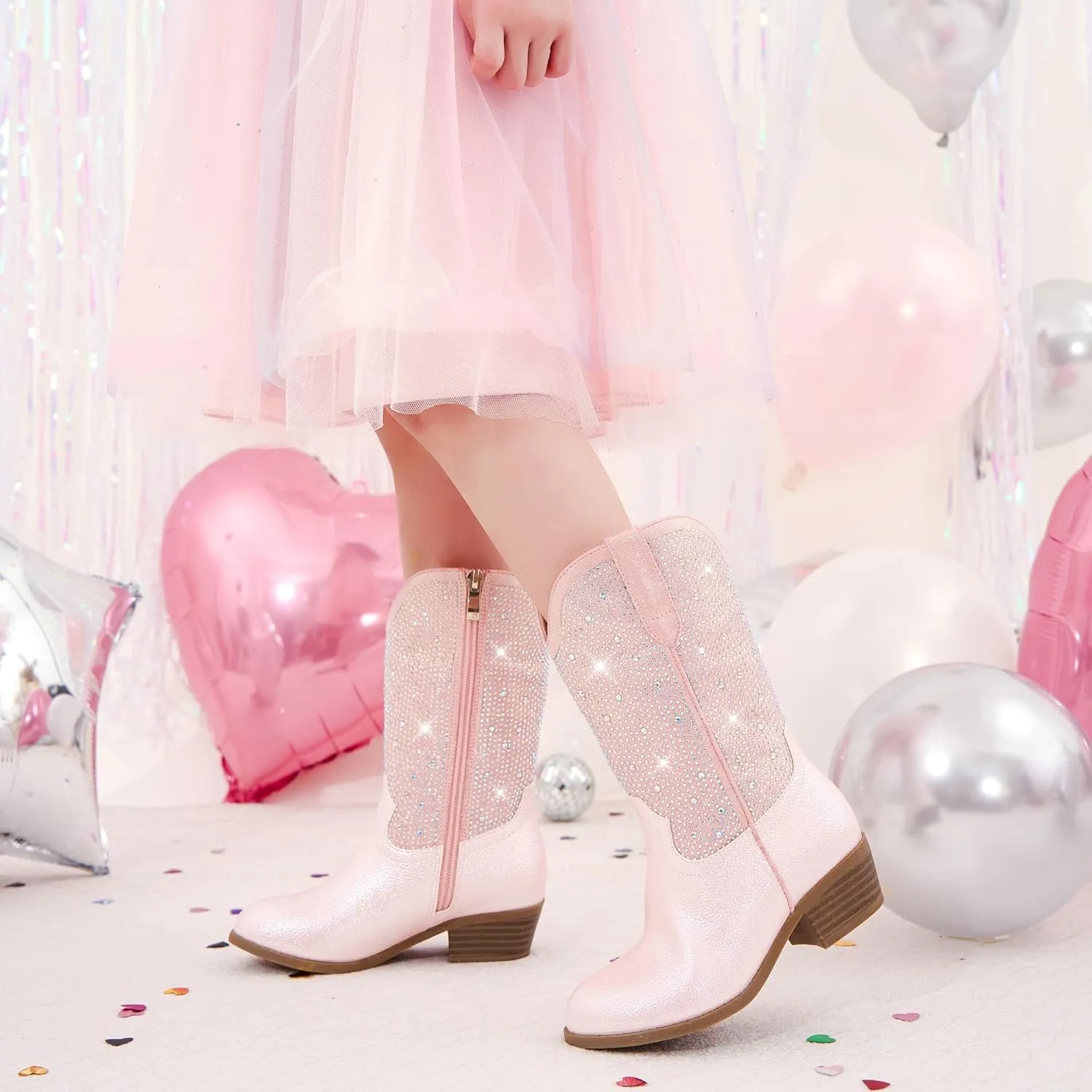 Rhinestone Sparkly Girls Cowgirl Cowboy Boots Little Kids Dress Boot Pointed Toes Low Heel Mid Calf Zipper Party Birthday Toddler to Big Kid
