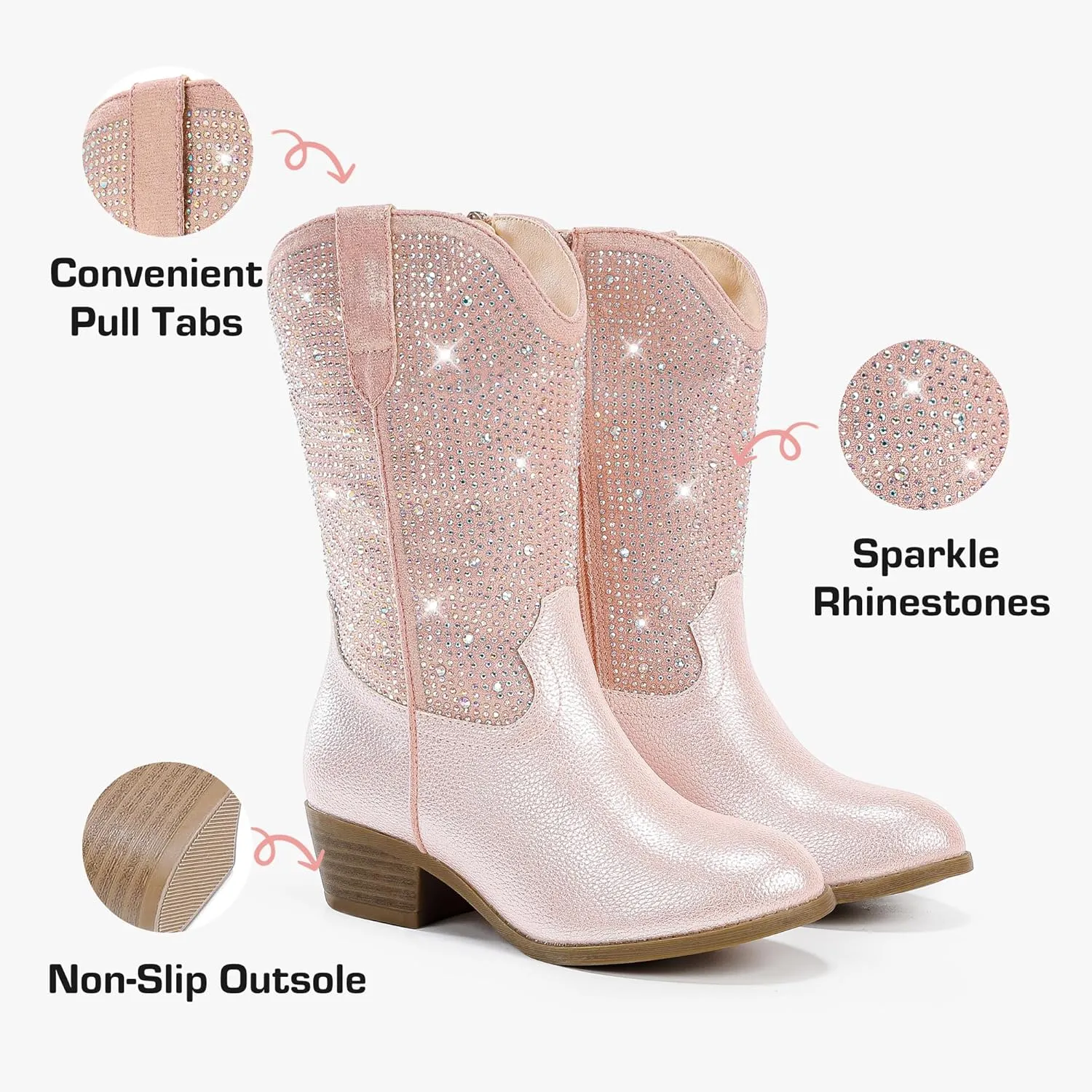 Rhinestone Sparkly Girls Cowgirl Cowboy Boots Little Kids Dress Boot Pointed Toes Low Heel Mid Calf Zipper Party Birthday Toddler to Big Kid