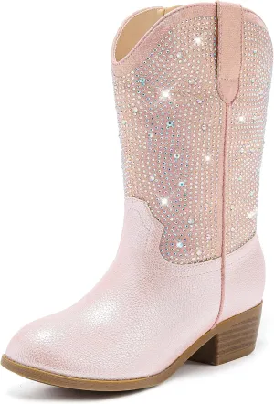 Rhinestone Sparkly Girls Cowgirl Cowboy Boots Little Kids Dress Boot Pointed Toes Low Heel Mid Calf Zipper Party Birthday Toddler to Big Kid