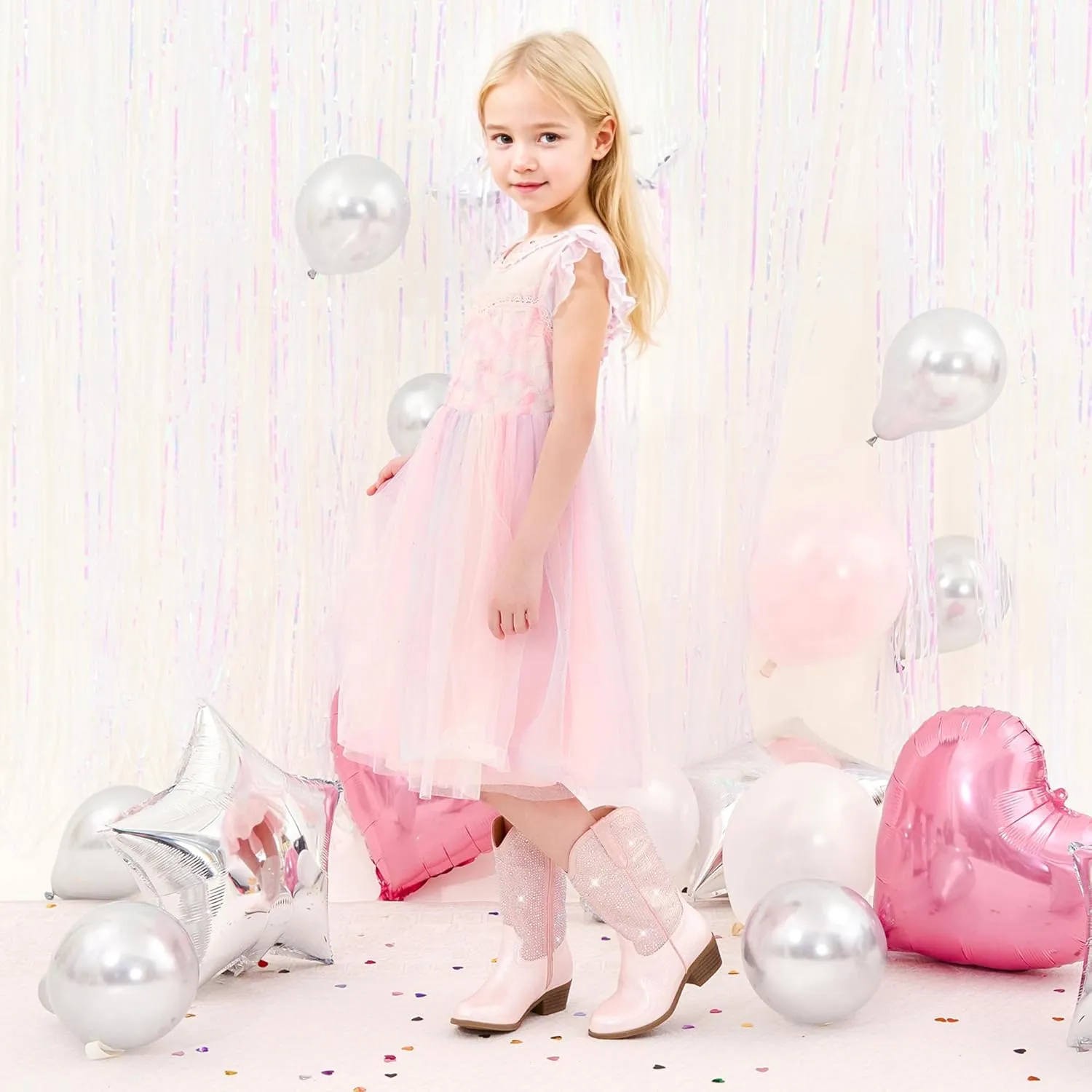 Rhinestone Sparkly Girls Cowgirl Cowboy Boots Little Kids Dress Boot Pointed Toes Low Heel Mid Calf Zipper Party Birthday Toddler to Big Kid