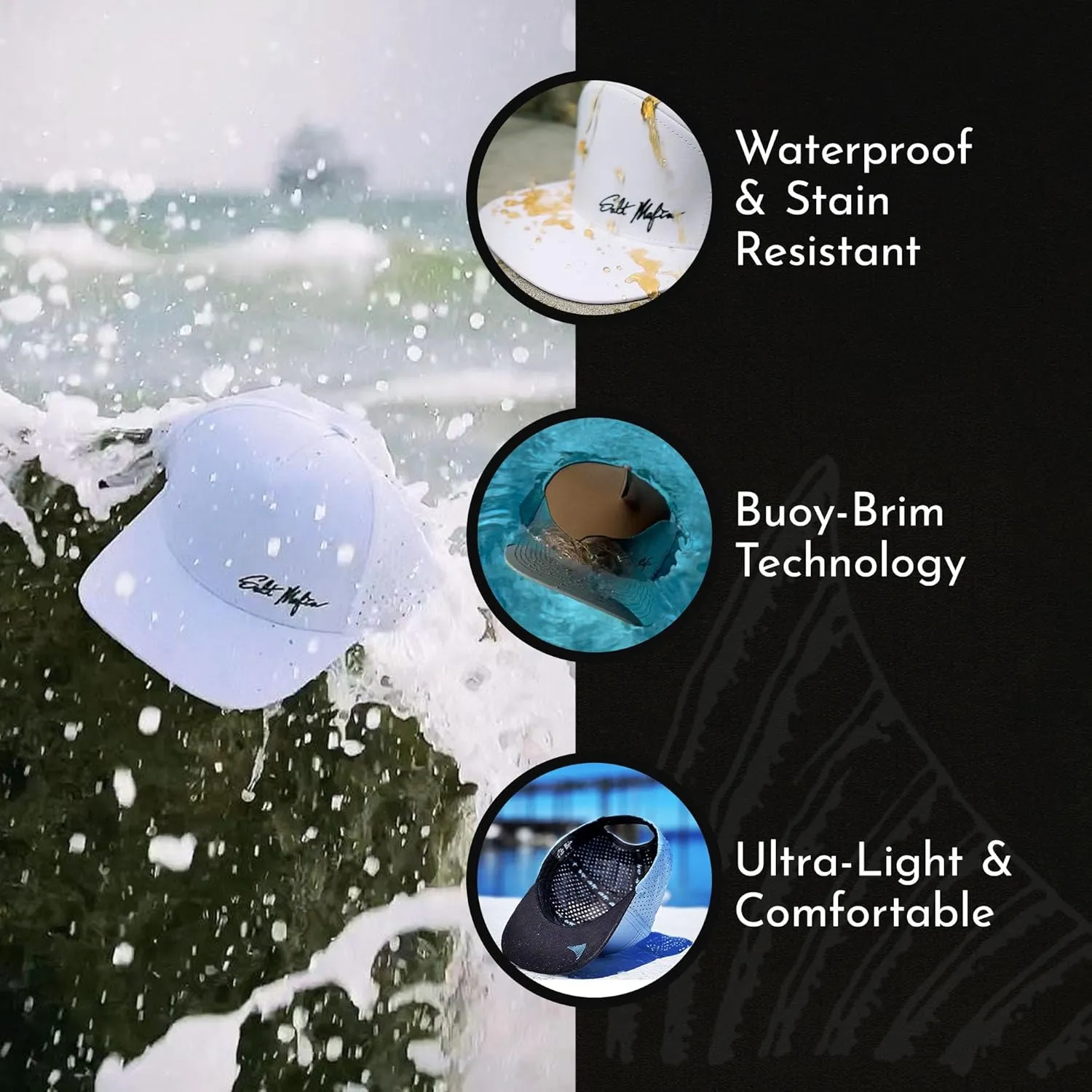 Salt Mafia Flat Brim Waterproof Hats for Men - Performance Snapback Surfer Hat