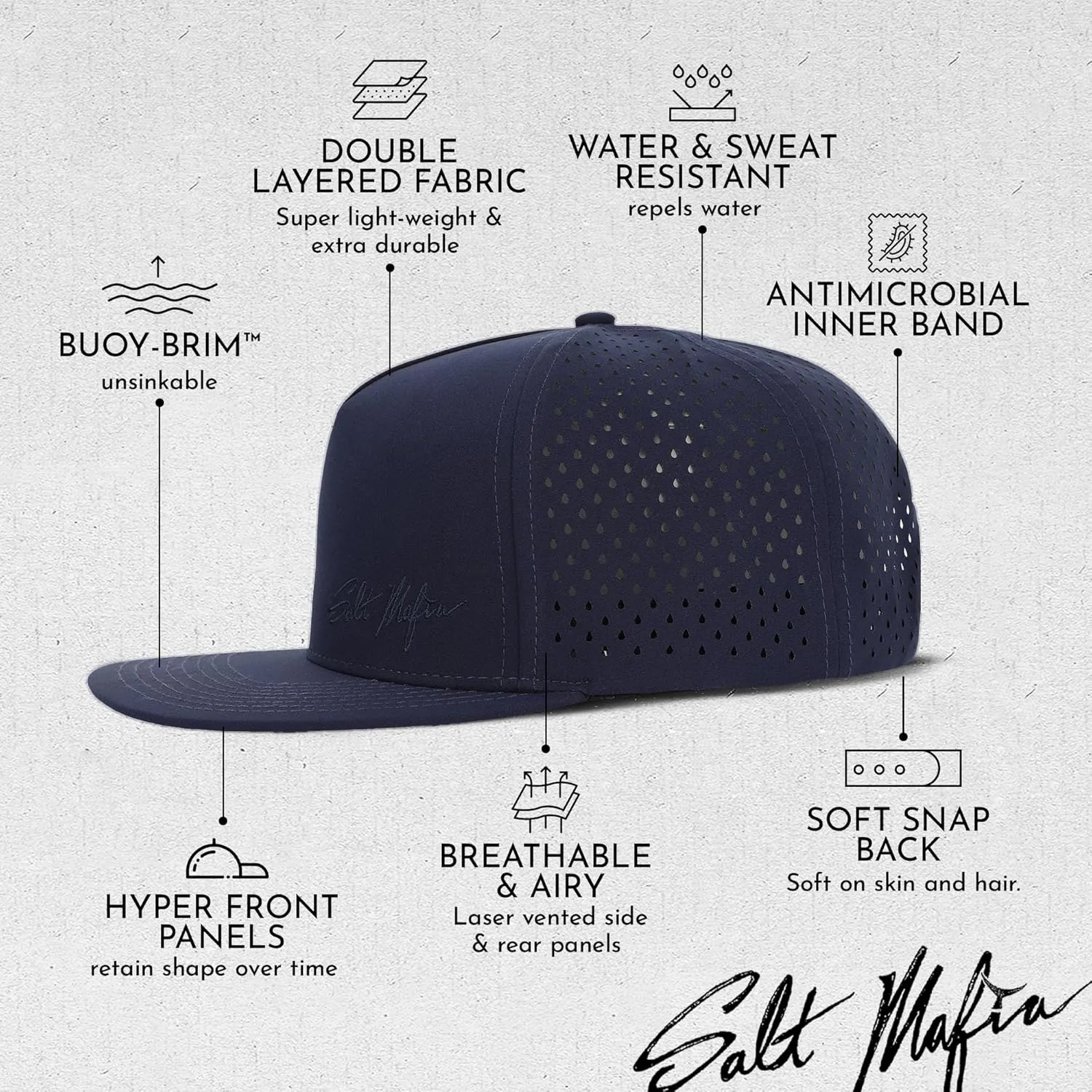 Salt Mafia Flat Brim Waterproof Hats for Men - Performance Snapback Surfer Hat