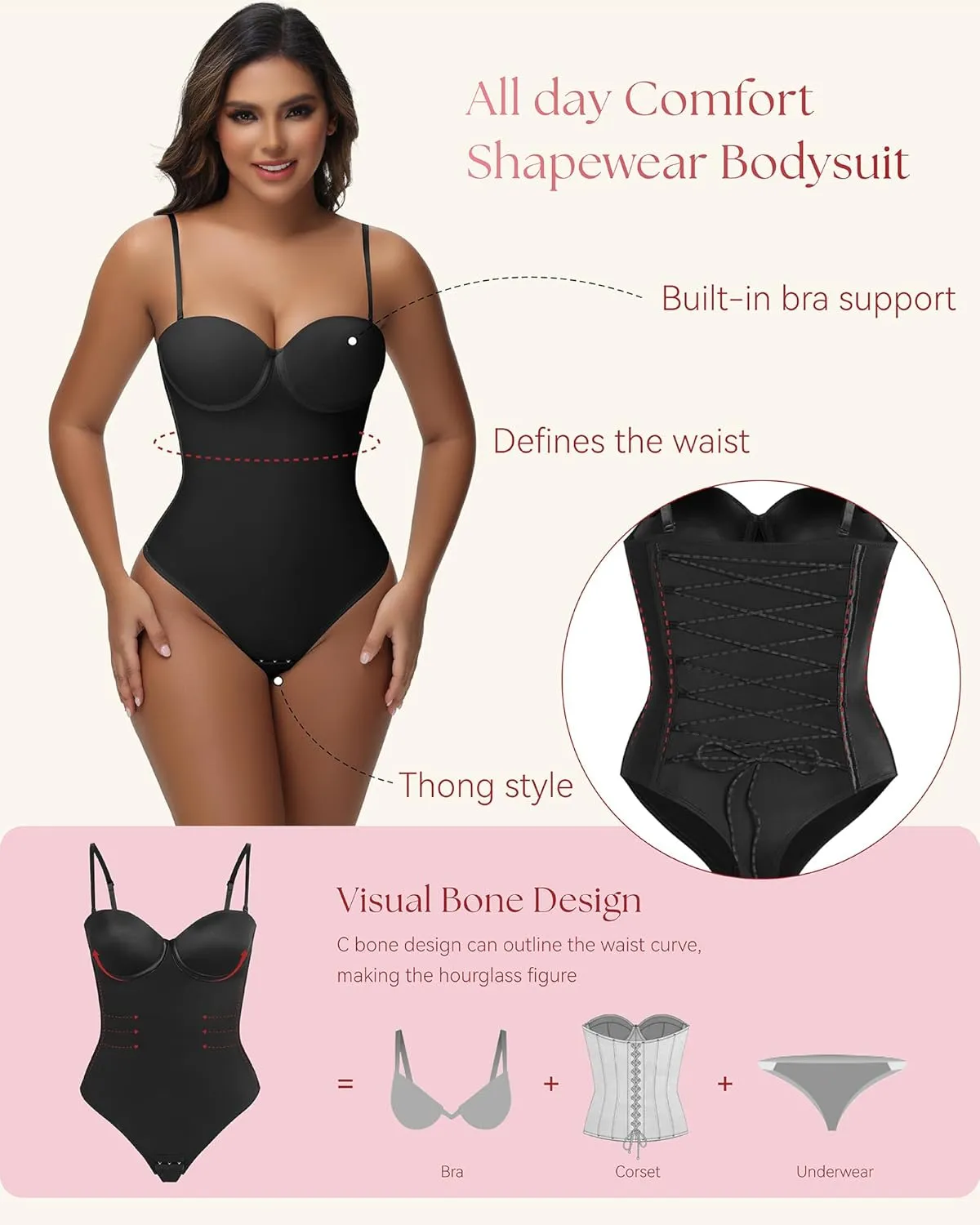 SHAPSHE Strapless Shapewear Corset Bodysuit Tops for Women Tummy Control V Neck Thong Body Shaper Going Out Outfits