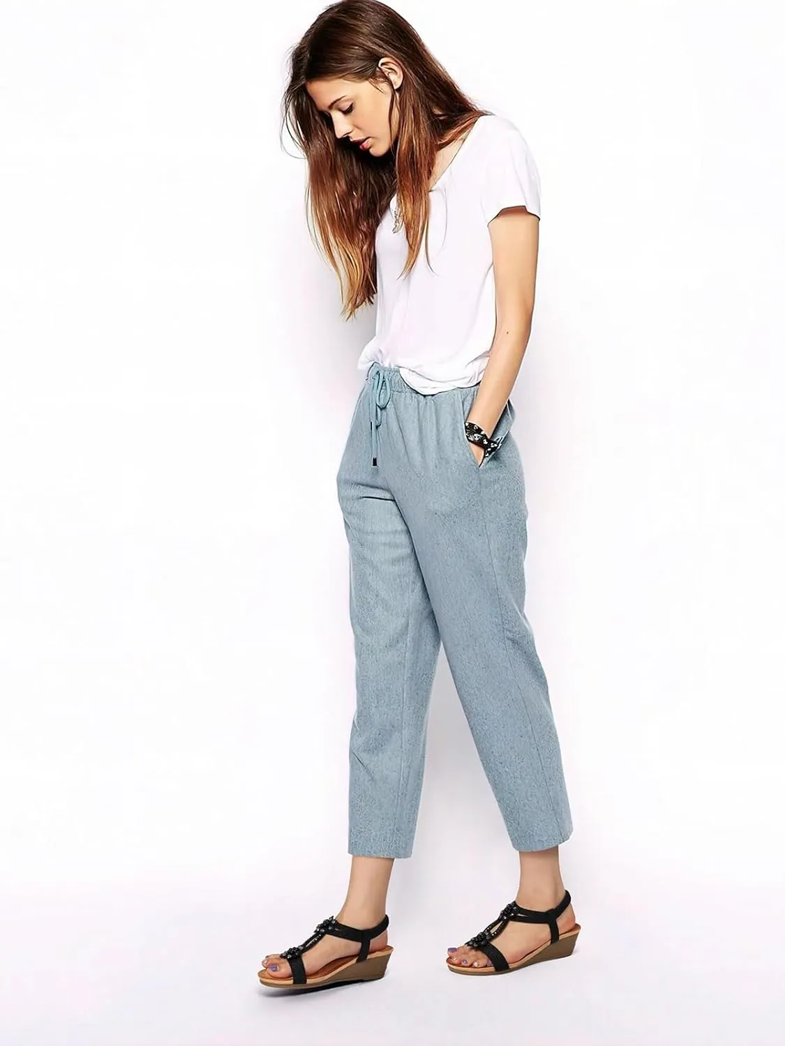 SHIBEVER Womens Wedge Sandals Flower Low Heel Dressy Sandals Elastic Ankle Strap Rhinestone Summer Comfortable Shoe