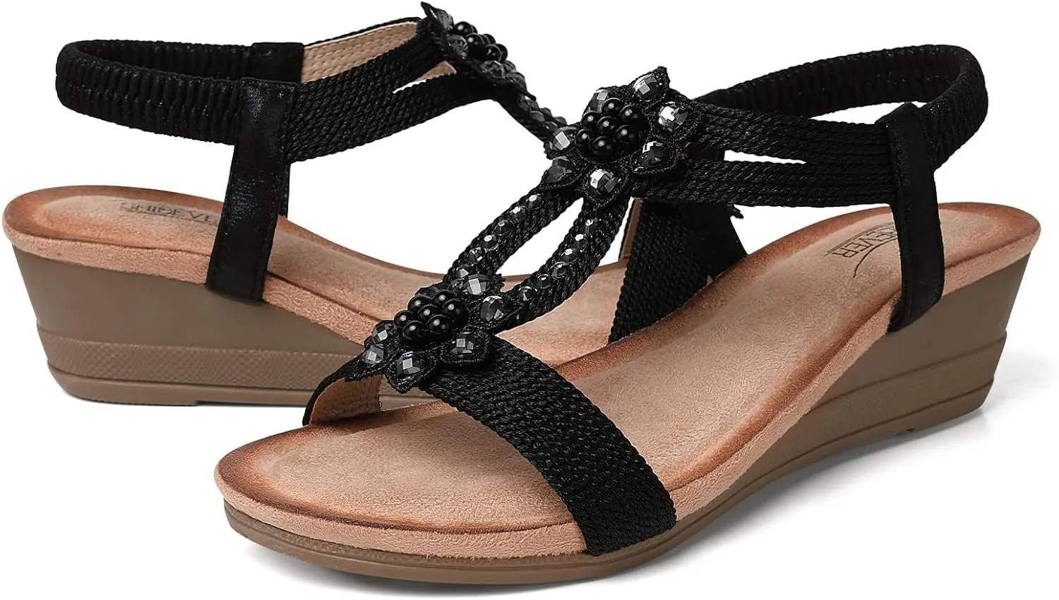 SHIBEVER Womens Wedge Sandals Flower Low Heel Dressy Sandals Elastic Ankle Strap Rhinestone Summer Comfortable Shoe