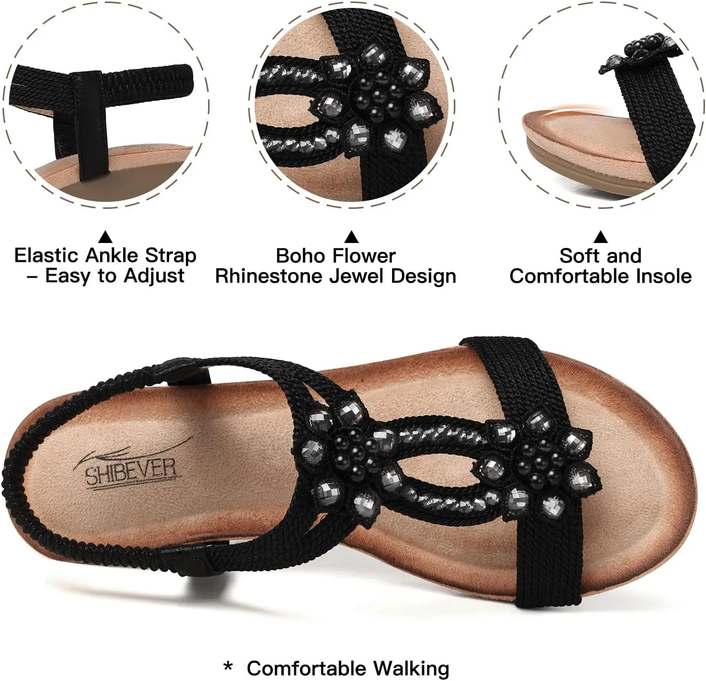 SHIBEVER Womens Wedge Sandals Flower Low Heel Dressy Sandals Elastic Ankle Strap Rhinestone Summer Comfortable Shoe