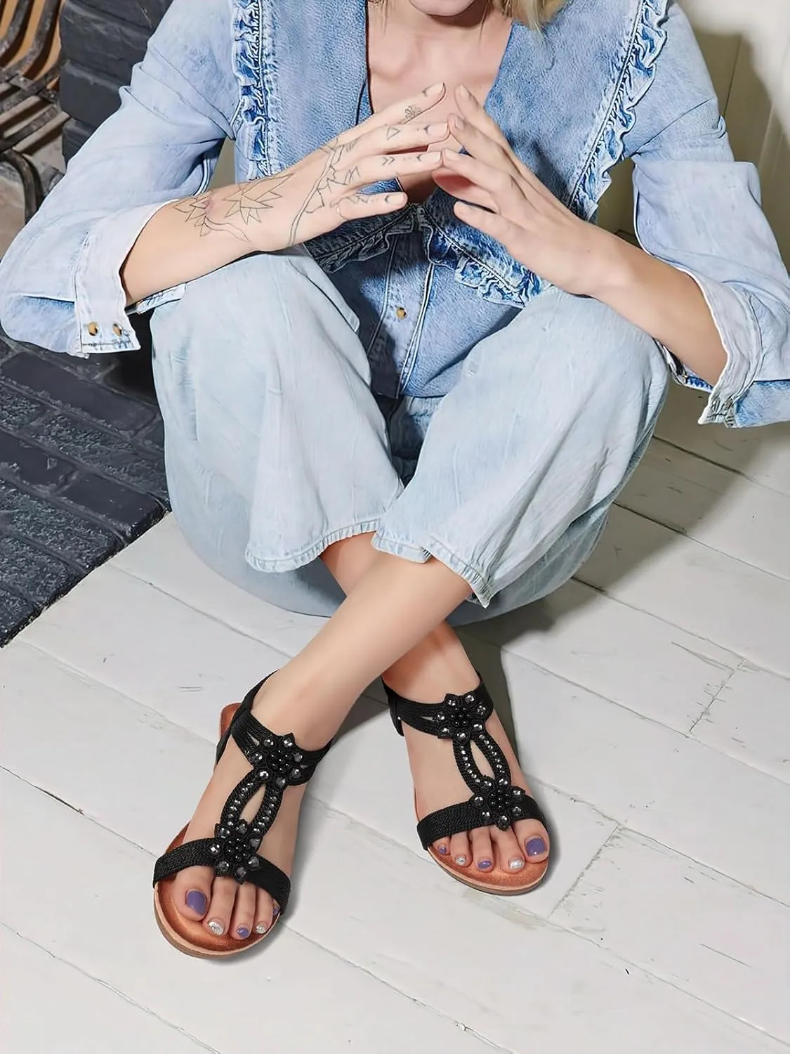 SHIBEVER Womens Wedge Sandals Flower Low Heel Dressy Sandals Elastic Ankle Strap Rhinestone Summer Comfortable Shoe