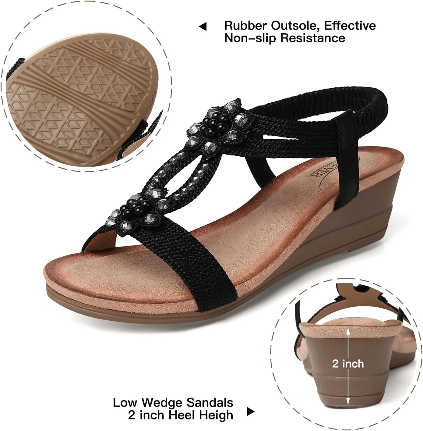 SHIBEVER Womens Wedge Sandals Flower Low Heel Dressy Sandals Elastic Ankle Strap Rhinestone Summer Comfortable Shoe