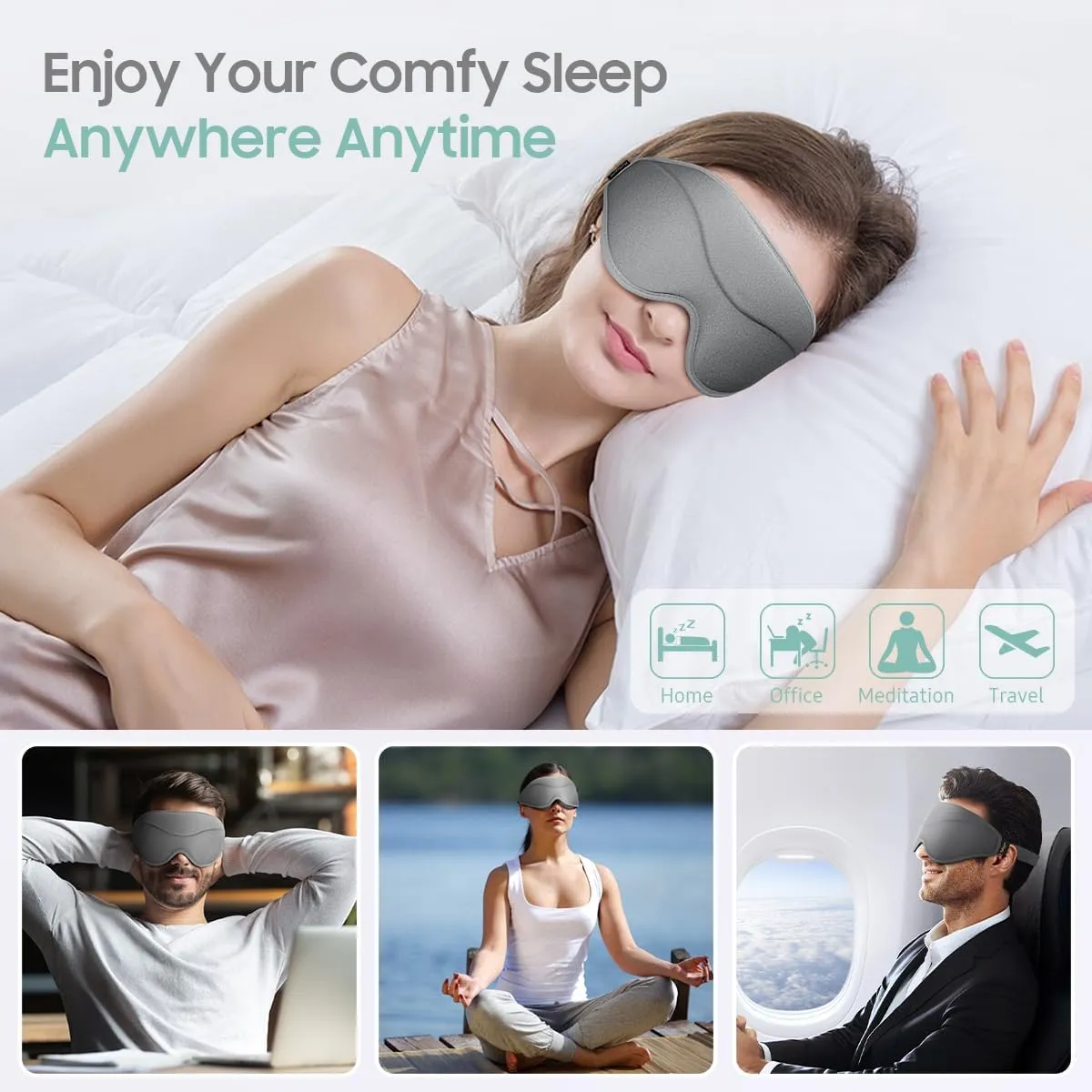 Sleep Mask, Premium Eye Mask for Sleeping, Completely Blackout, Superior Soft Comfort, Upgraded 3D Ergonomic Designed Sleeping Mask for Home, Office, Travel, Meditation, Yoga, Grey