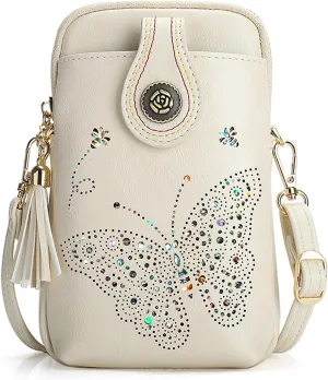 Small Crossbody Bags for Women, Lightweight Mini Cute Cell Phone Purse for Women with Tassel Shining Butterfly