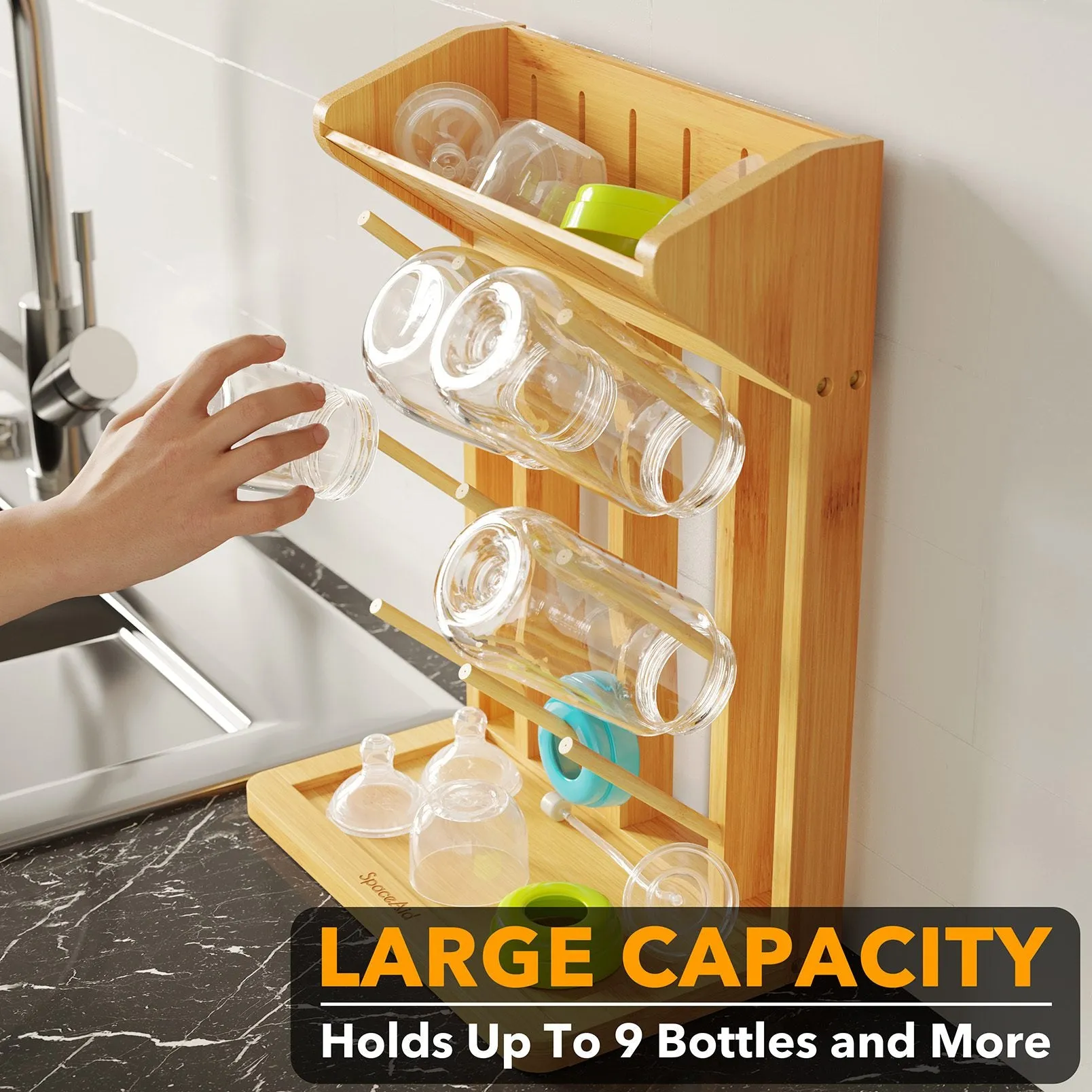 SpaceAid Bamboo Baby Bottle Drying Rack, Hold 9 Bottles, Natural