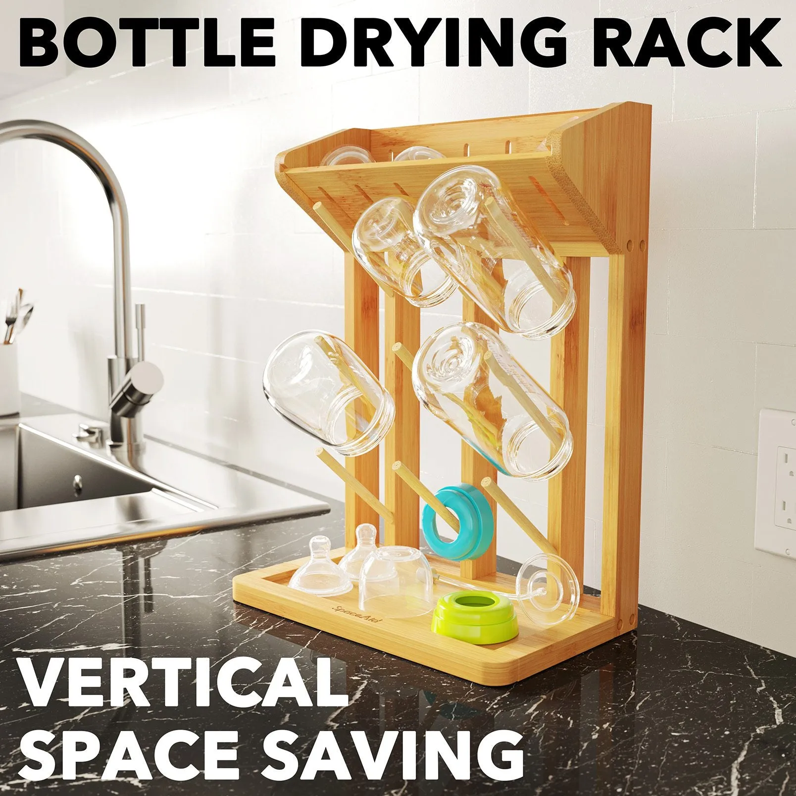 SpaceAid Bamboo Baby Bottle Drying Rack, Hold 9 Bottles, Natural