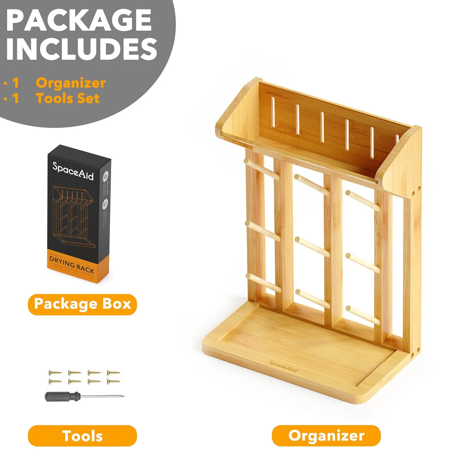 SpaceAid Bamboo Baby Bottle Drying Rack, Hold 9 Bottles, Natural