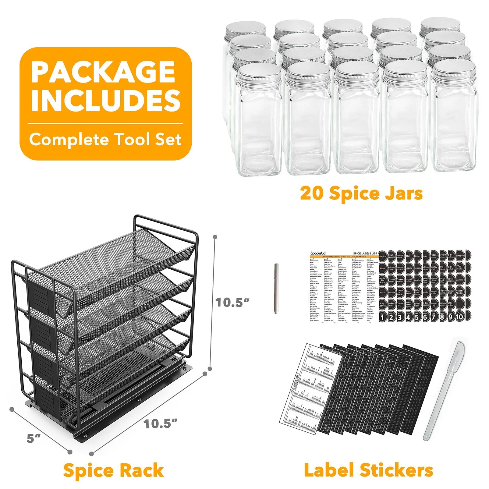 SpaceAid Pull Out Spice Rack Organizer with 20 Jars and 801 Labels for Kitchen Cabinet