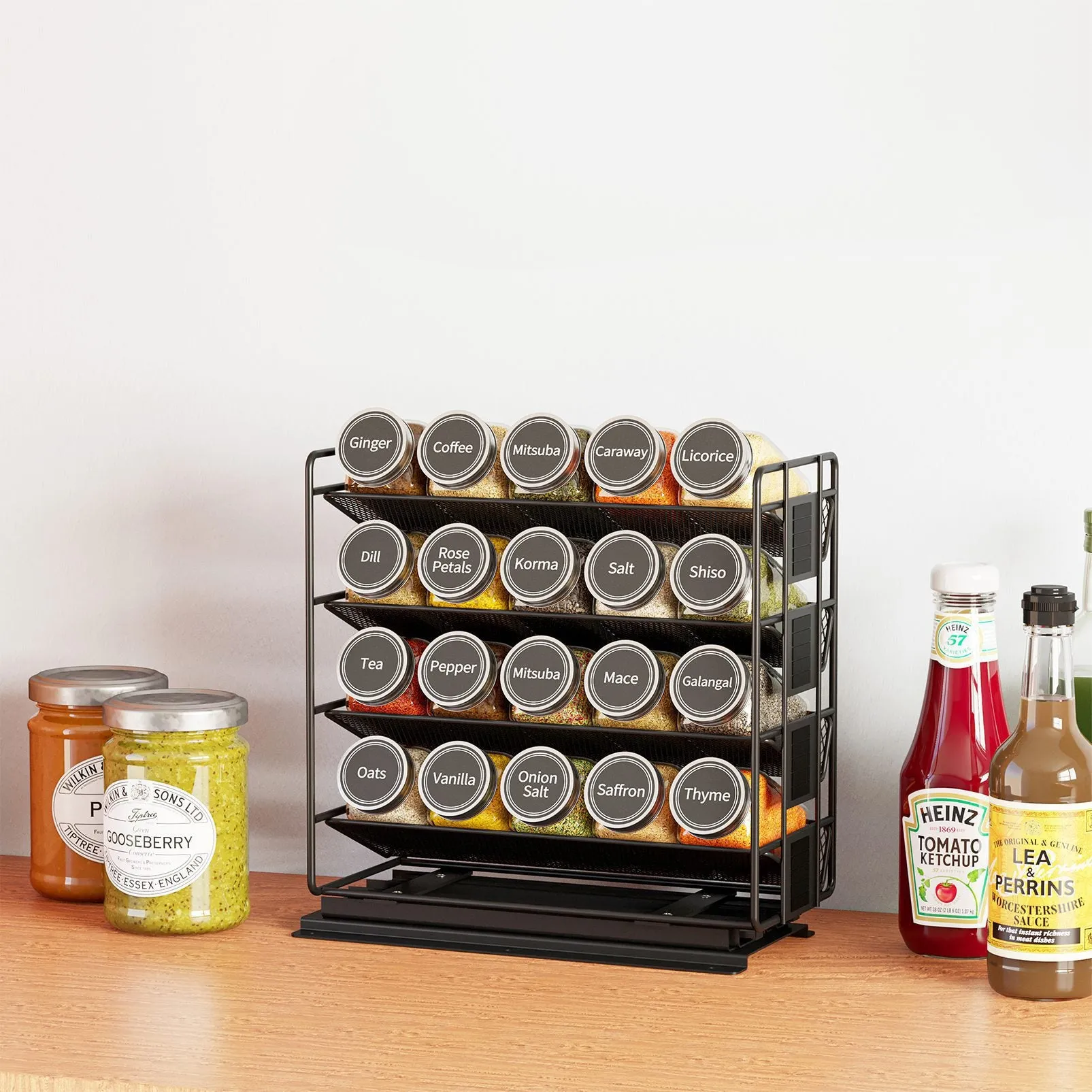 SpaceAid Pull Out Spice Rack Organizer with 20 Jars and 801 Labels for Kitchen Cabinet