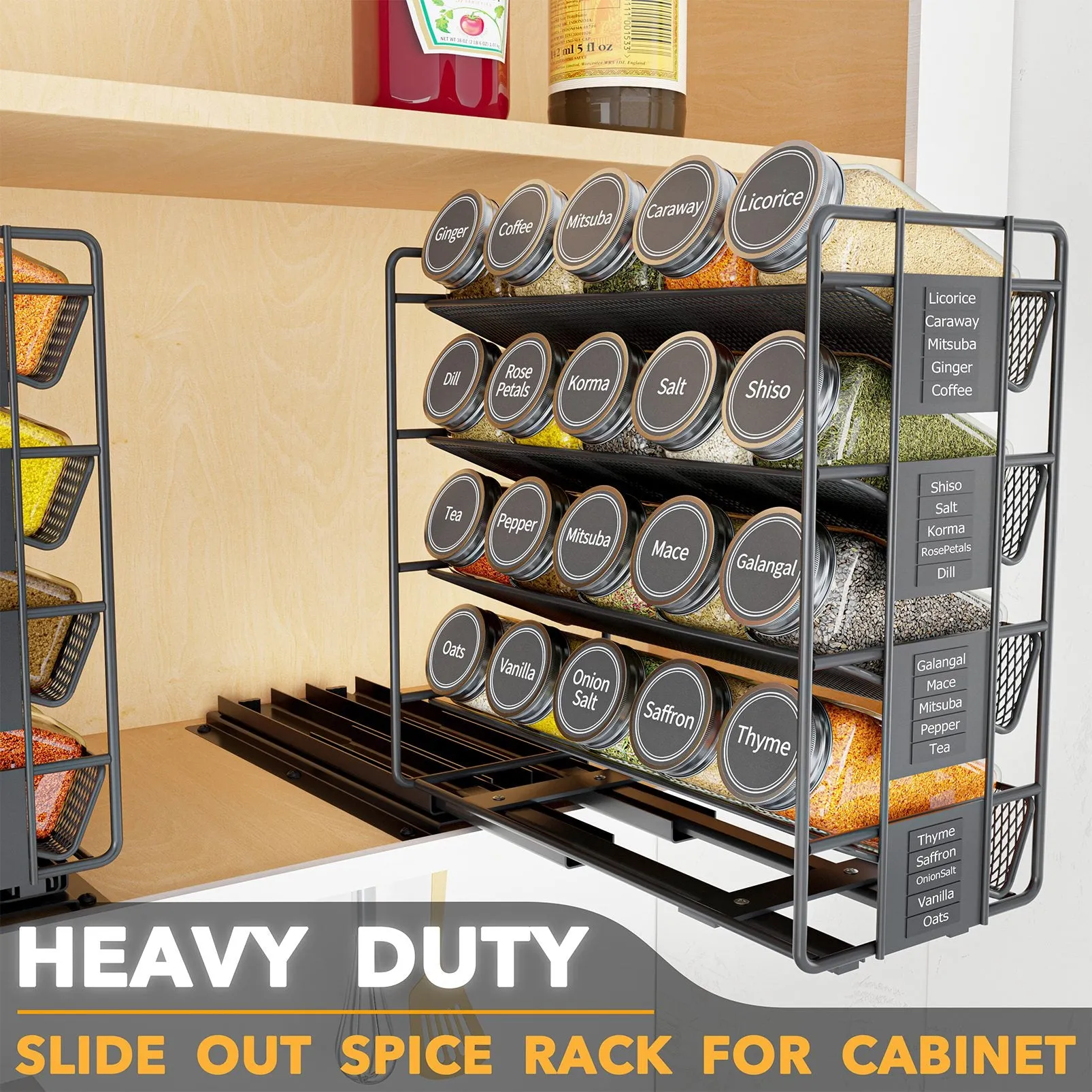 SpaceAid Pull Out Spice Rack Organizer with 20 Jars and 801 Labels for Kitchen Cabinet