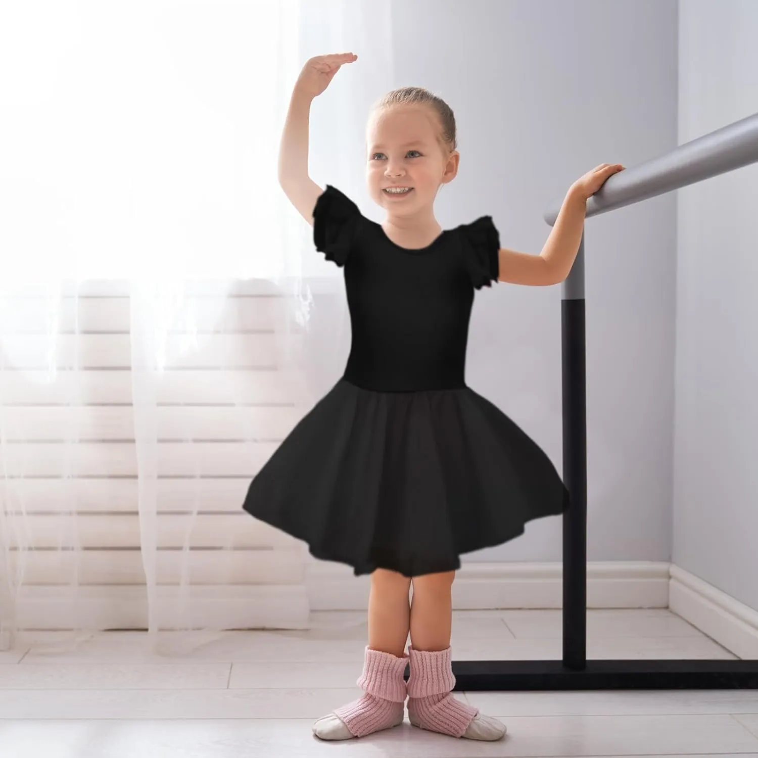 Suhine 3 Pieces Dance Ballet Leotards for Girls Criss Cross Back Ruffle Sleeve Tutu Skirted Dance Dresses Ballerina Outfit