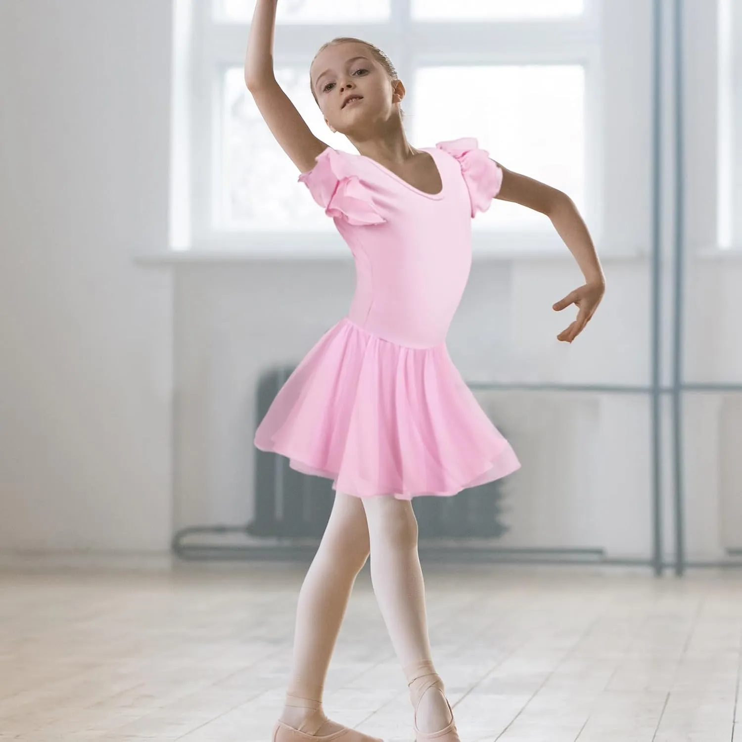 Suhine 3 Pieces Dance Ballet Leotards for Girls Criss Cross Back Ruffle Sleeve Tutu Skirted Dance Dresses Ballerina Outfit