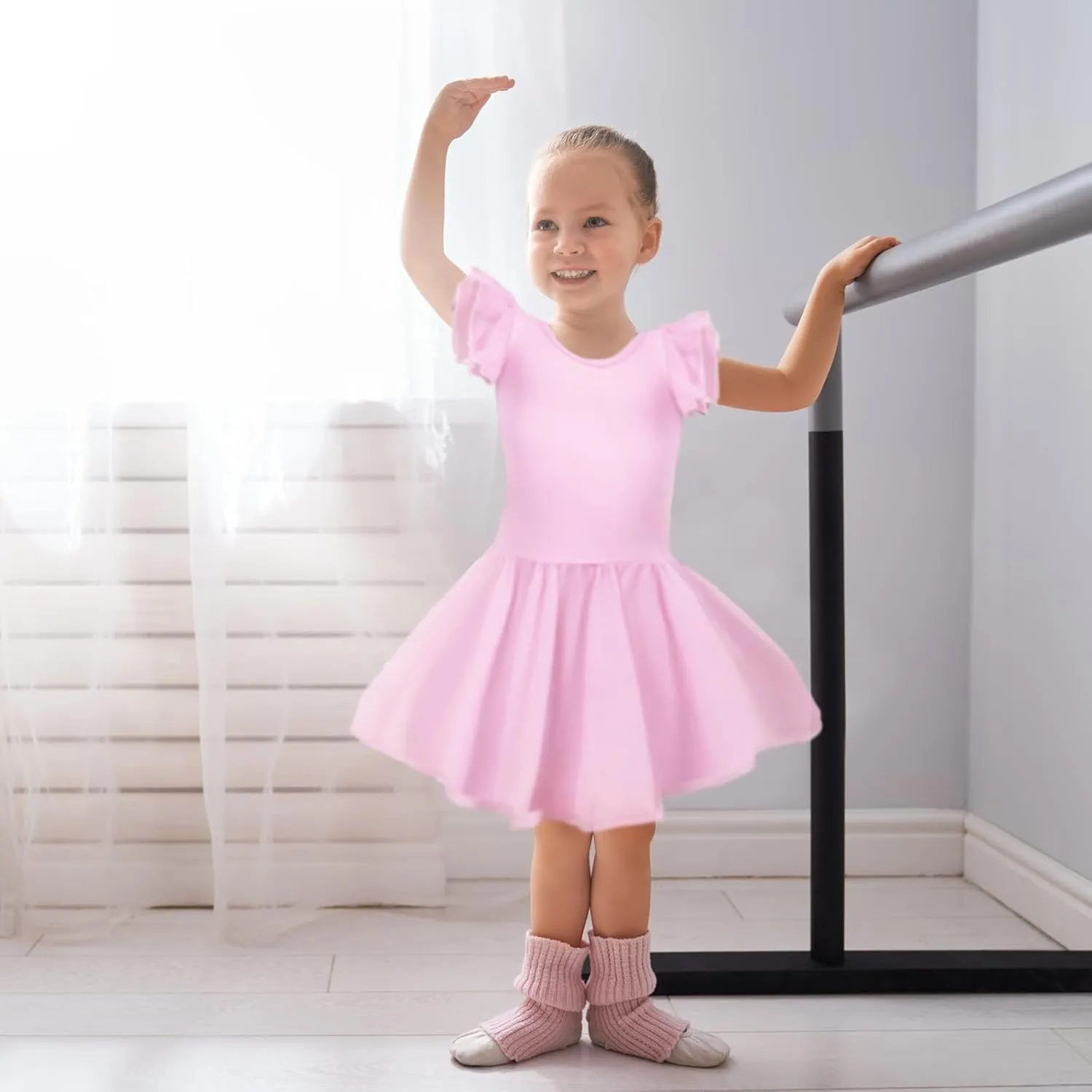 Suhine 3 Pieces Dance Ballet Leotards for Girls Criss Cross Back Ruffle Sleeve Tutu Skirted Dance Dresses Ballerina Outfit