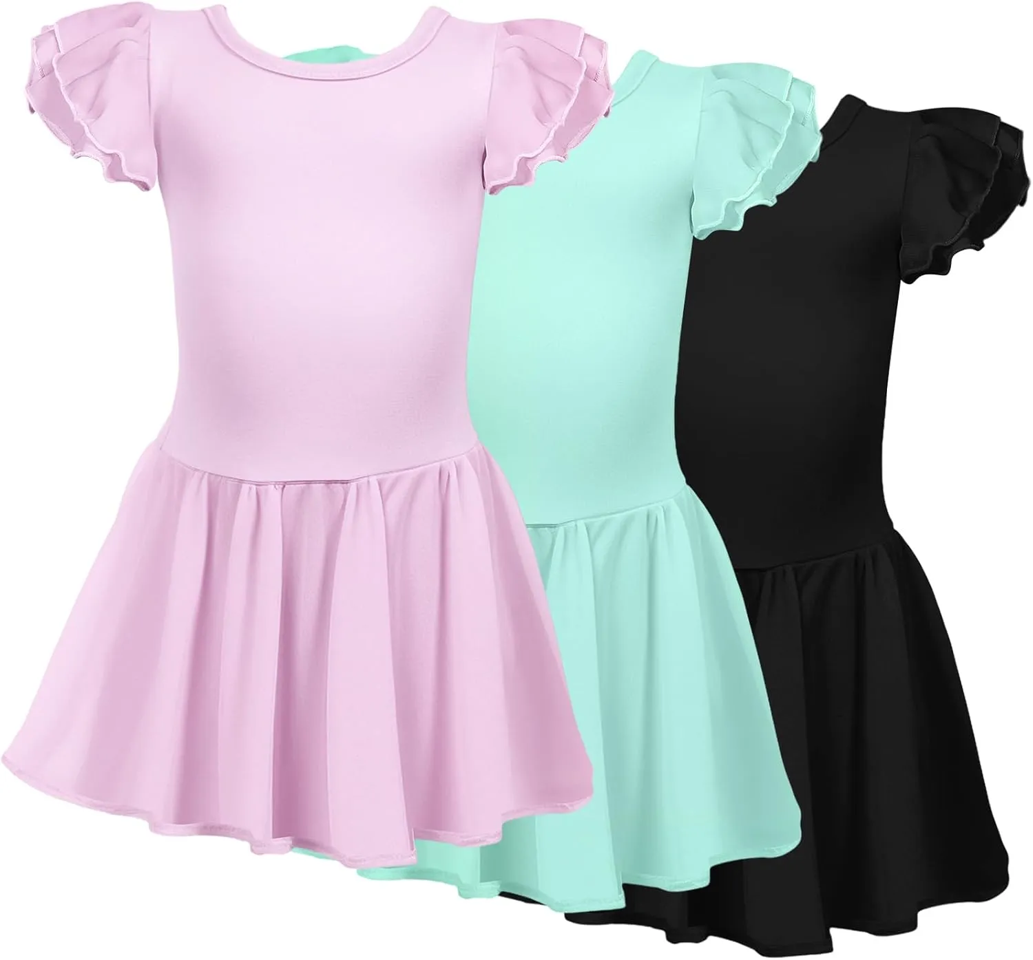 Suhine 3 Pieces Dance Ballet Leotards for Girls Criss Cross Back Ruffle Sleeve Tutu Skirted Dance Dresses Ballerina Outfit