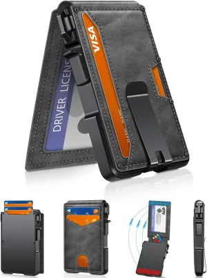 Wallet for Men, Mens Minimalist Wallet 9-13 Cards, Slim Compact Wallet with Money Clip & ID Window, RFID Blocking Smart Pop Up Card Wallet, Metal Aluminum Credit Card Holder Bifold Wallet