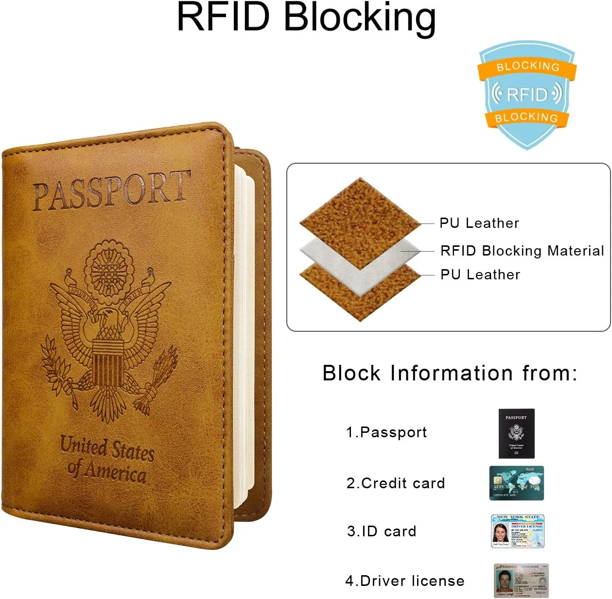 WALNEW Passport Holder Wallet, RFID Blocking Passport Cover Case PU leather Card Holder with Pen and Clear Card Slot for Women Men, Brown