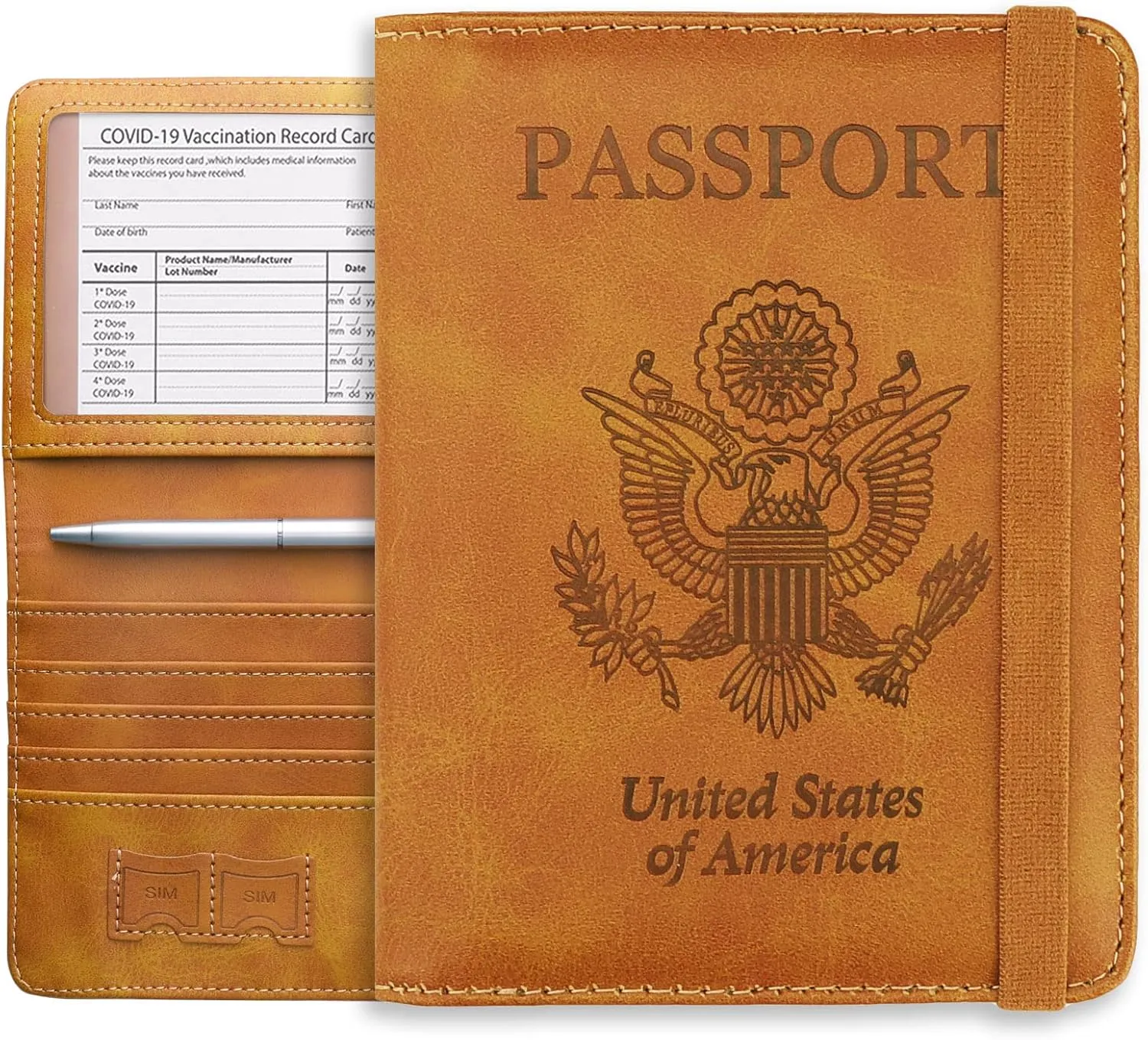 WALNEW Passport Holder Wallet, RFID Blocking Passport Cover Case PU leather Card Holder with Pen and Clear Card Slot for Women Men, Brown