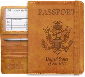 WALNEW Passport Holder Wallet, RFID Blocking Passport Cover Case PU leather Card Holder with Pen and Clear Card Slot for Women Men, Brown