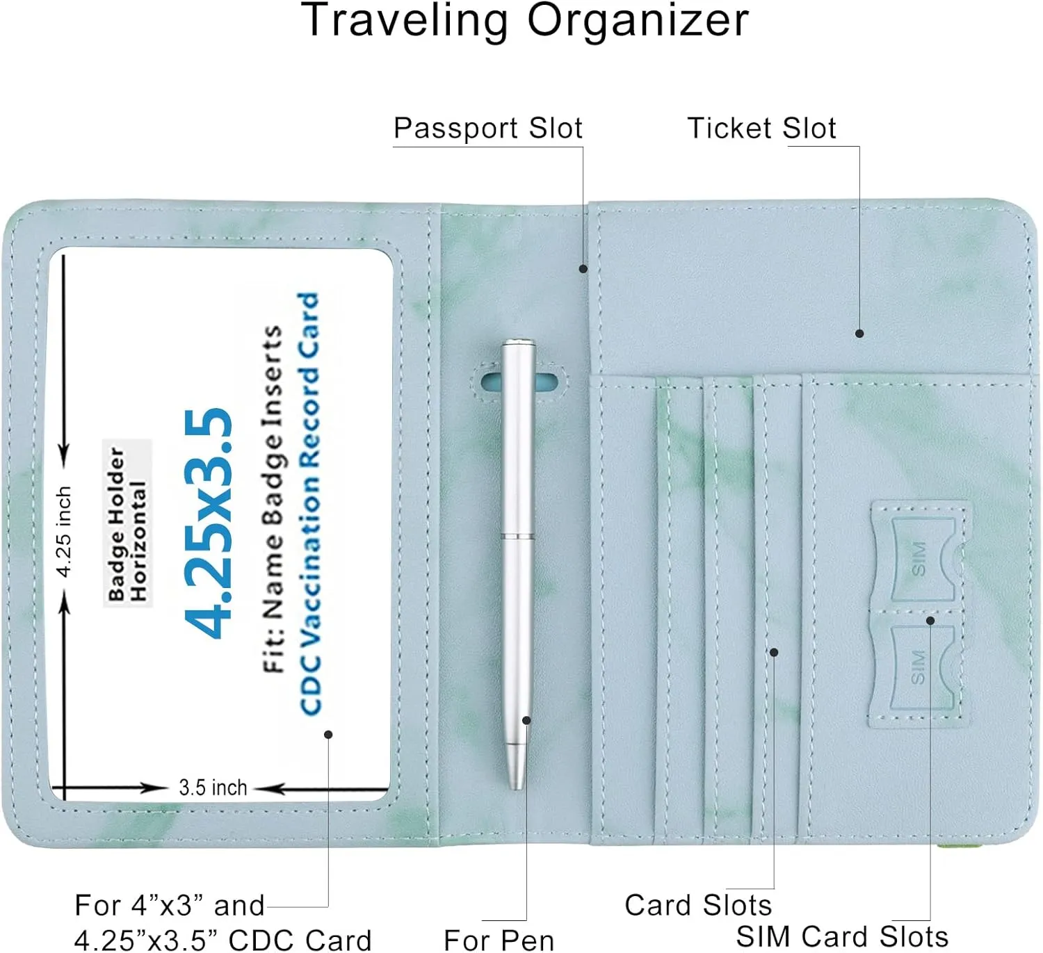 WALNEW Passport Holder Wallet, RFID Blocking Passport Cover Case PU leather Card Holder with Pen and Clear Card Slot for Women Men, Marble Green