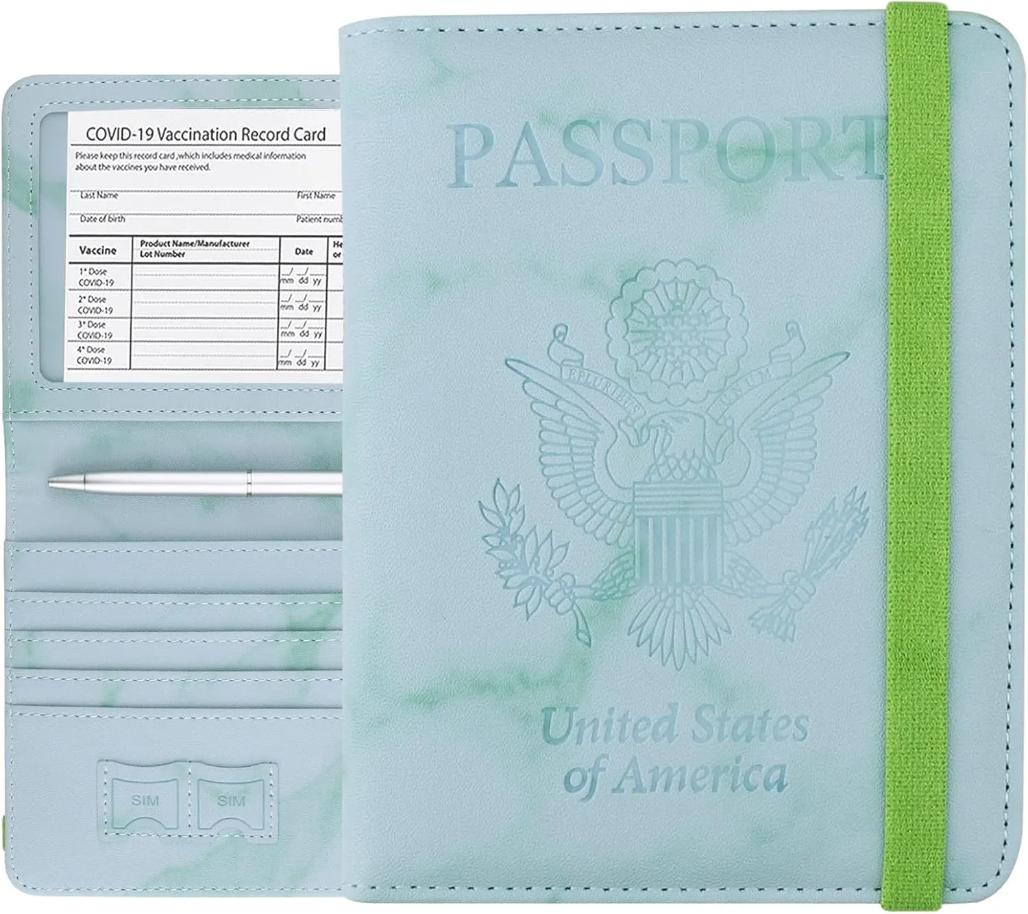WALNEW Passport Holder Wallet, RFID Blocking Passport Cover Case PU leather Card Holder with Pen and Clear Card Slot for Women Men, Marble Green