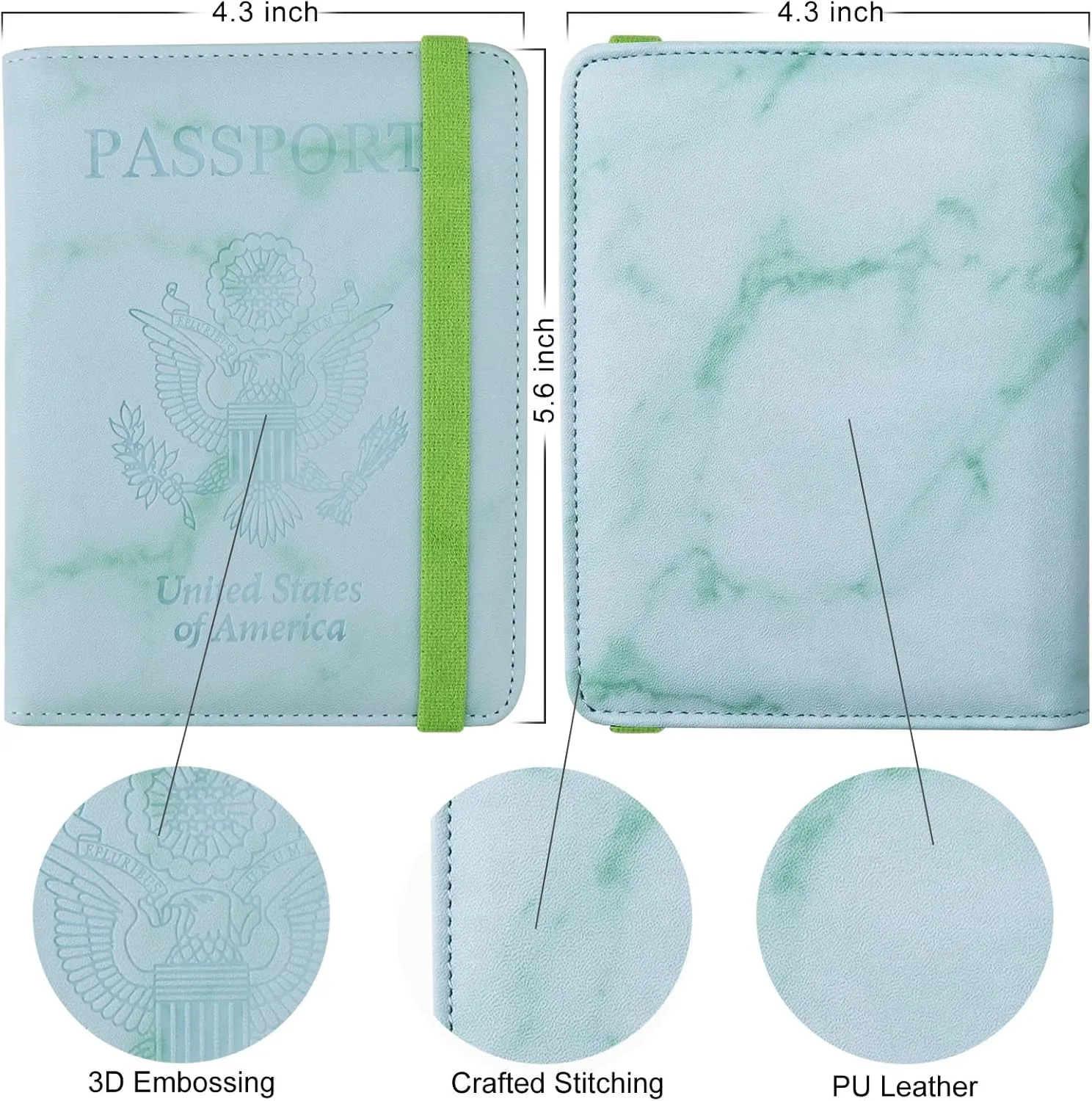 WALNEW Passport Holder Wallet, RFID Blocking Passport Cover Case PU leather Card Holder with Pen and Clear Card Slot for Women Men, Marble Green