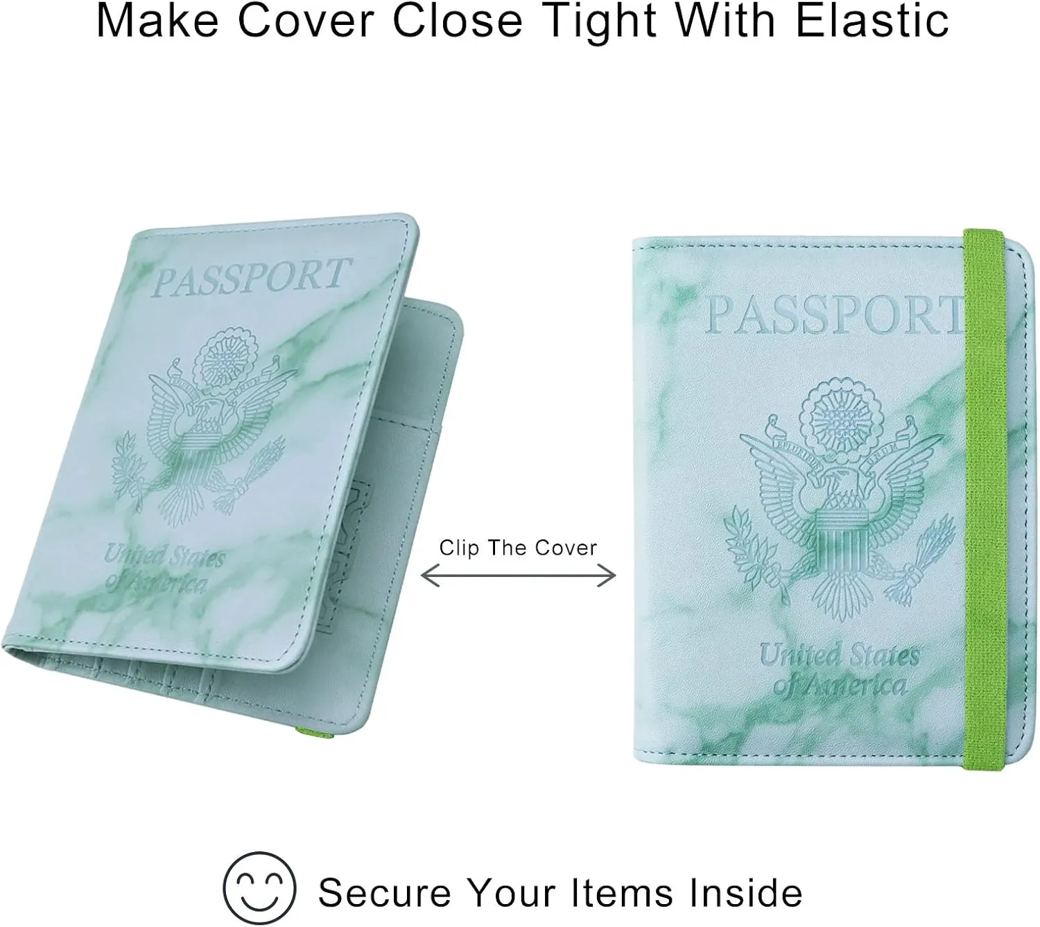 WALNEW Passport Holder Wallet, RFID Blocking Passport Cover Case PU leather Card Holder with Pen and Clear Card Slot for Women Men, Marble Green