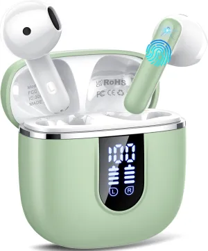 Wireless Earbuds, Bluetooth 5.4 Headphones in Ear Buds, HiFi Stereo Wireless Earphones with 4 ENC Noise Cancelling Mics, 40H Wireless Headphones with IP7 Waterproof, Dual LED Display USB C, Green