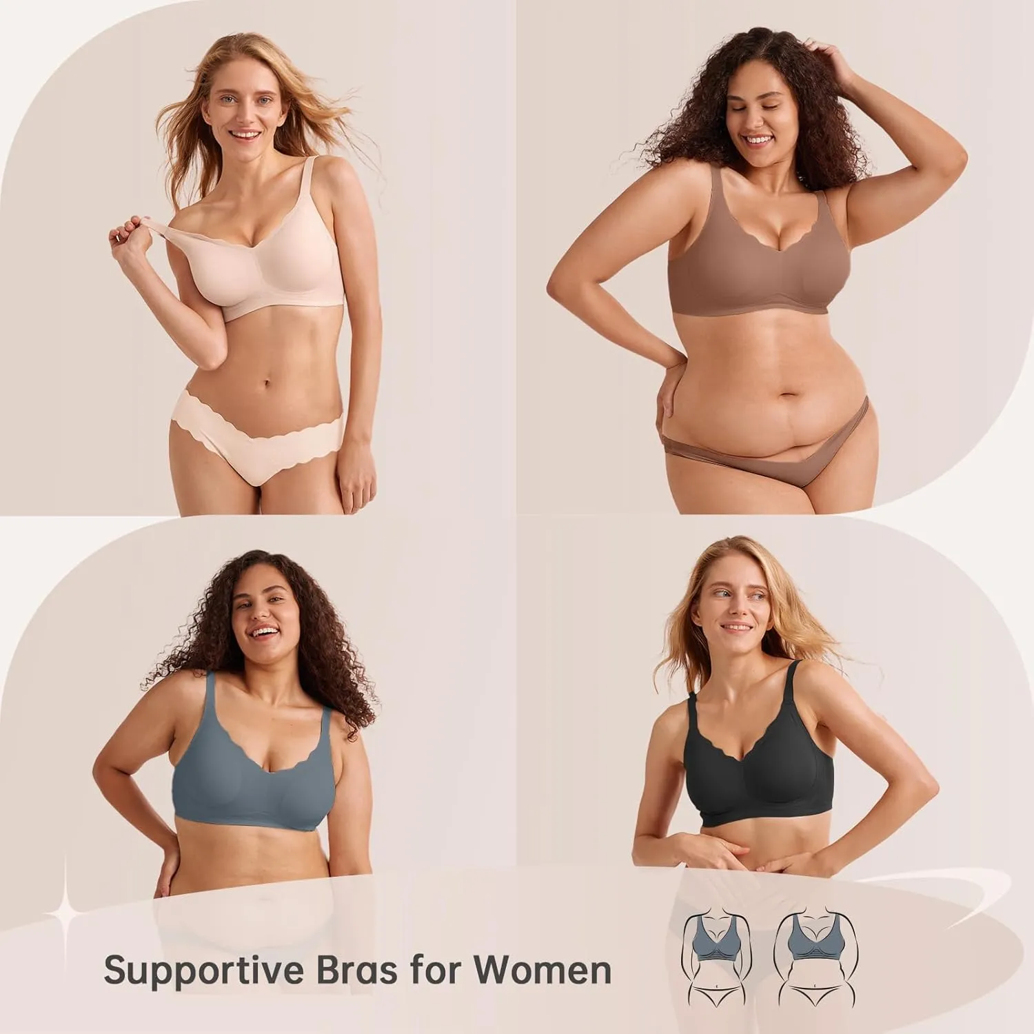 Wireless Seamless Bras for Women No Underwire Push Up Scalloped V Neck Full Coverage Support Bralettes Everyday Bras