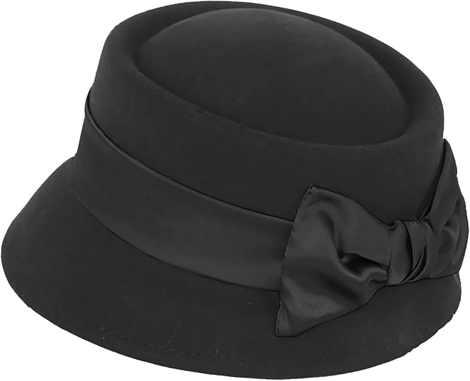 Women Wool Bowler Hat Bow Decor Black Pork Pie Fedora Hat Narrow Brim Felt Derby Caps Size:S/M