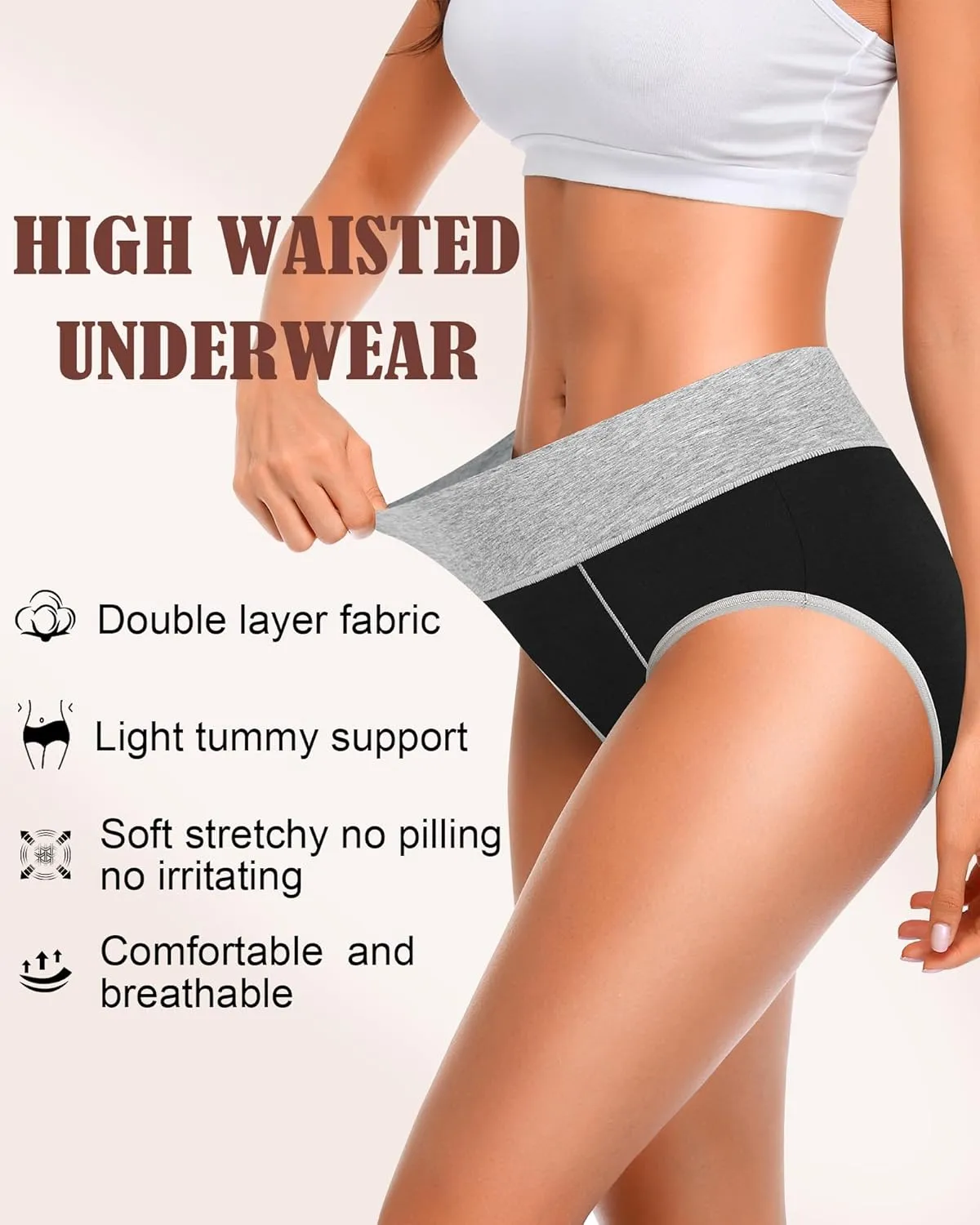 Women's Cotton Underwear High Waisted Postpartum Underwear Soft Stretch Panties Full Coverage Briefs 5 Pack