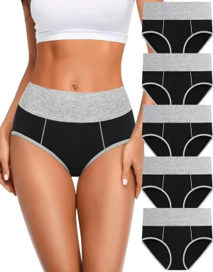 Women's Cotton Underwear High Waisted Postpartum Underwear Soft Stretch Panties Full Coverage Briefs 5 Pack