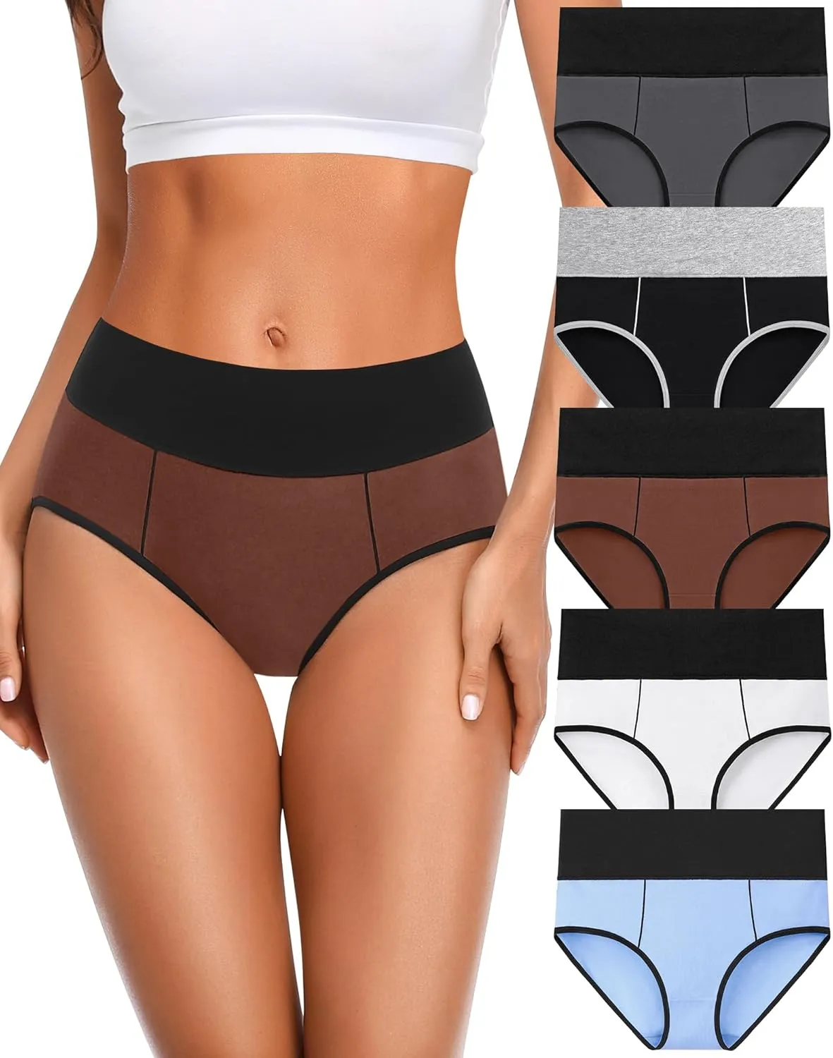 Women's Cotton Underwear High Waisted Postpartum Underwear Soft Stretch Panties Full Coverage Briefs 5 Pack