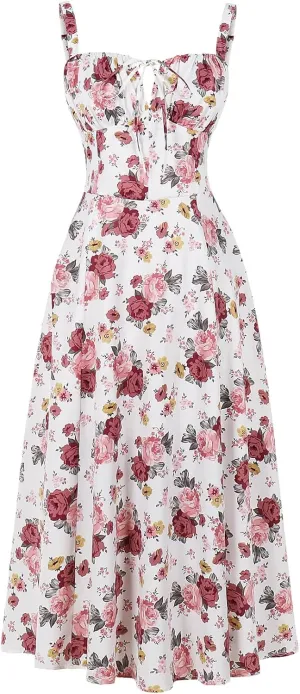 Women's Floral Corset Dress Formal Cocktail Dresses Going Out Casual Sundress Split Thigh Spaghetti Strap Vintage Dress